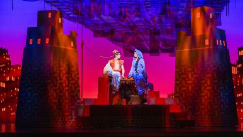Aladdin and Jasmine sitting romantically in Disney's Aladdin