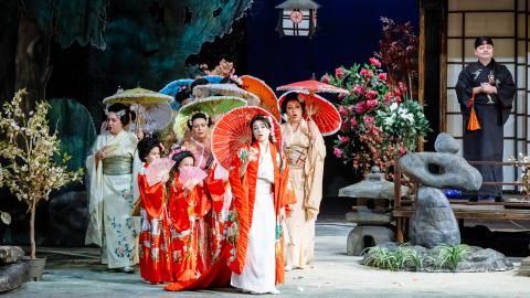 A group of women wearing Japanese Kimonos in Madama Butterfly