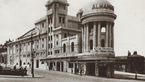 Black and white photograph of the outside of the Alhambra Theatre