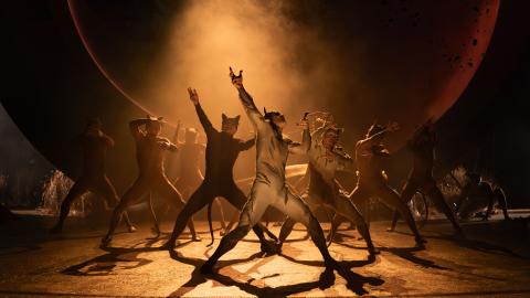 Several cast members of CATS on stage dance under soft orange lights and stage smoke.