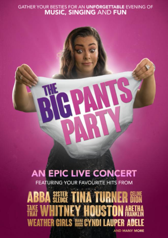 A pink background with a woman stood in the centre holding underwear, with text over the top that reads The Big Pants Party