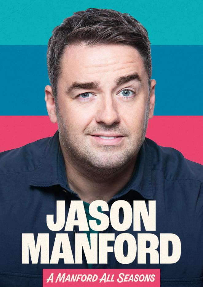 Close up image of comedian Jason Manford against a blue and pink background.