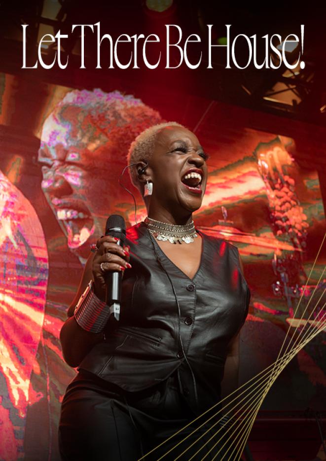 Photo of a singer in the centre against a red background with text that reads Let There Be House.