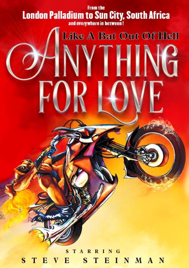A red and yellow background with text that reads Anything For Love and a graphic of a motorbike.