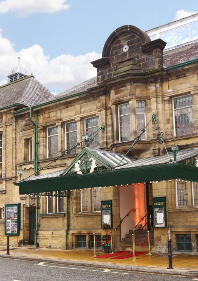 An exterior image of venue King's Hall Ilkley against a bright sky.