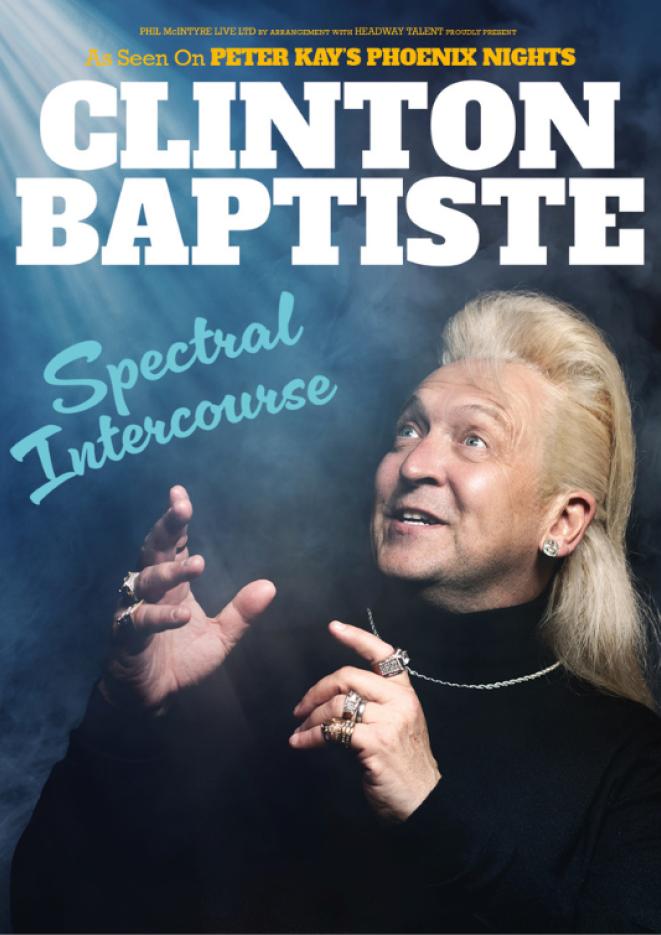 Comedian Clinton Baptiste wearing a black jumper looking up at a light, with text that reads Spectral Intercourse.