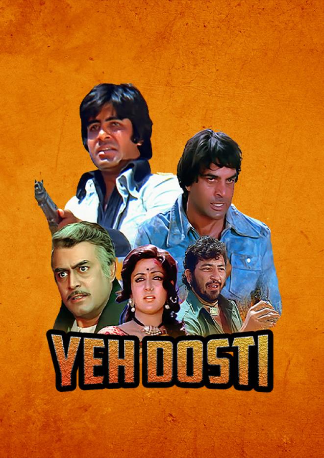 Five characters from a bollywood film are positioned against an orange background with text underneath that reads Yeh Dosti.