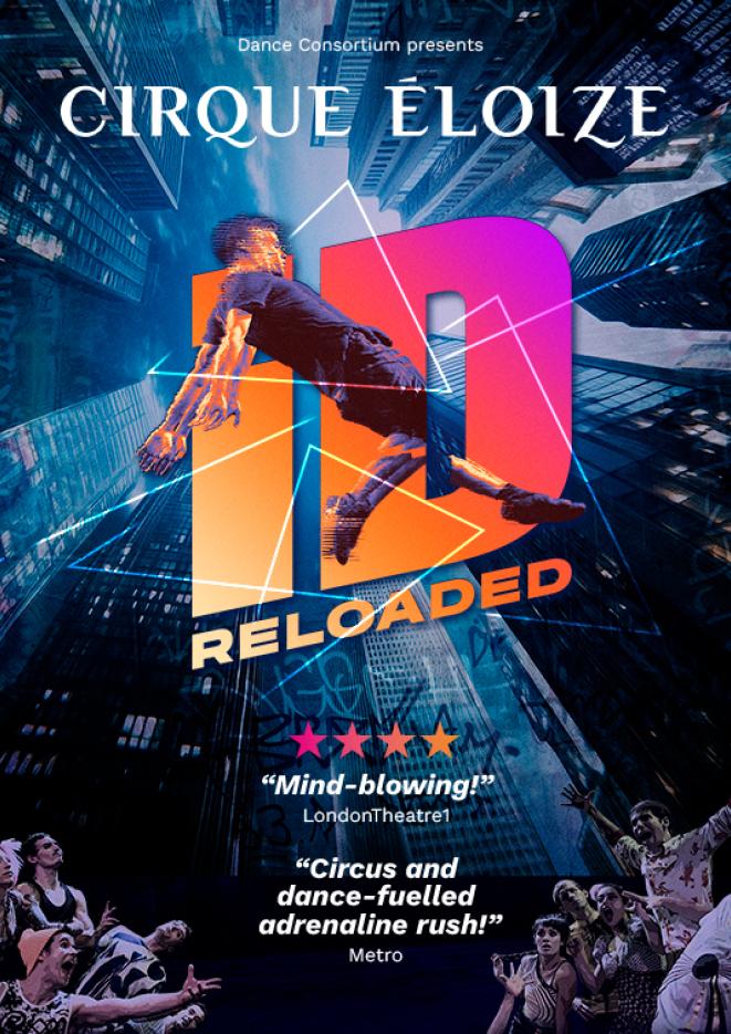 Graphics of skyscrapers with a male acrobat in the centre and pink text that reads ID Reloaded.