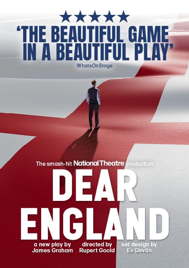 A man in a smart waistcoat stands on a large England flag graphic with white text that reads Dear England.