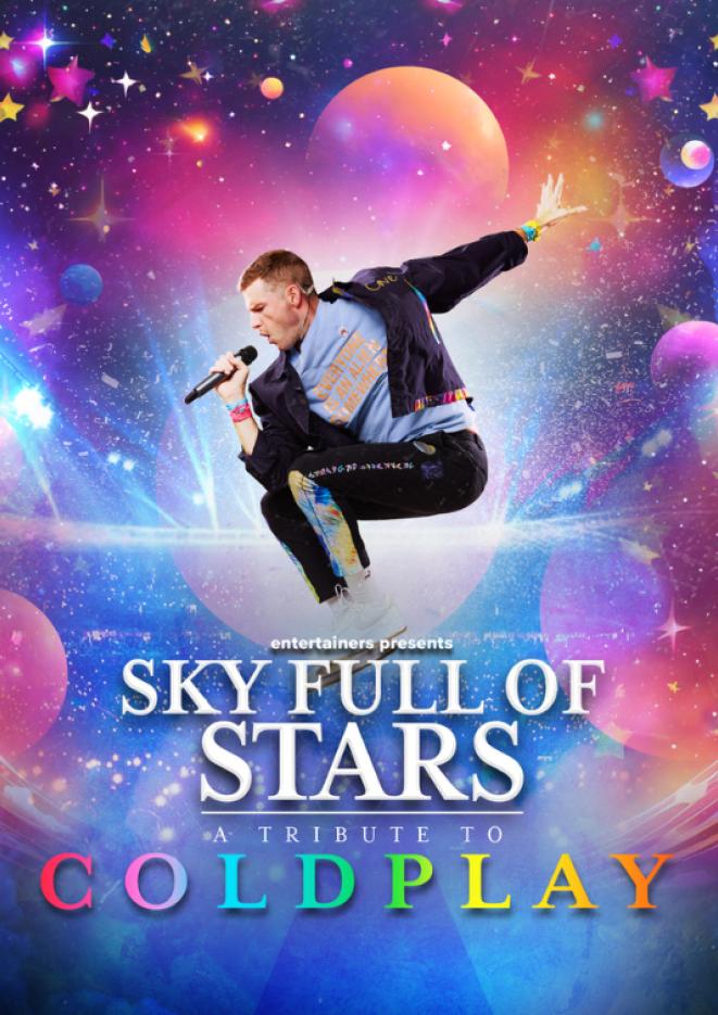 Graphics of stars and planets with a man singing in the centre and white text below that reads Sky Full of Stars.