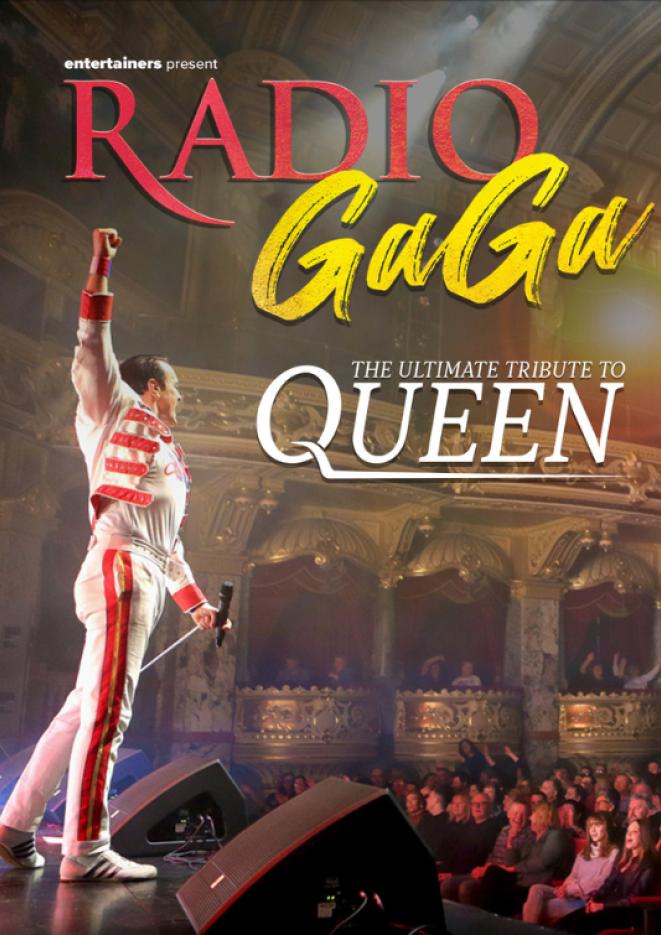 A Freddie Mercury tribute artist stands at the front of a stage wearing a red and white outfit. Text at the top of the image reads Radio Ga Ga