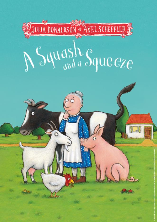 A graphic of a woman in a blue dress with farm yard animals around her on bright green grass.