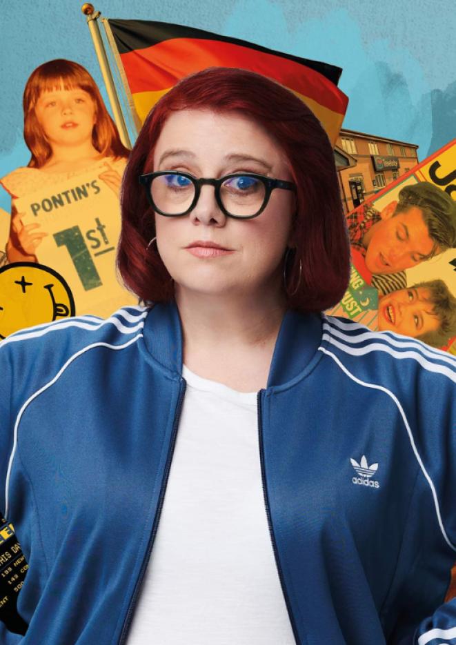 Comedian Angela Barnes stood in front of images from her childhood on a blue background.