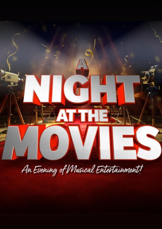 A graphic of a red carpet with red and silver text that reads a night at the movies.