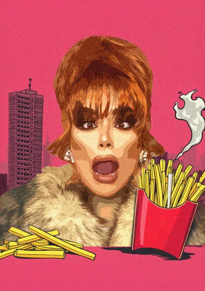 Pink artwork with a graphic of drag queen Baga Chipz.