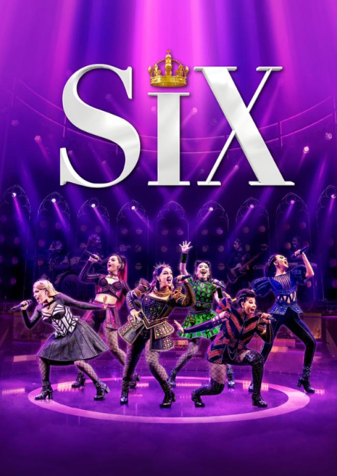 Six female performers singing on stage with purple and pink stage lights around them, above is white text that reads Six.
