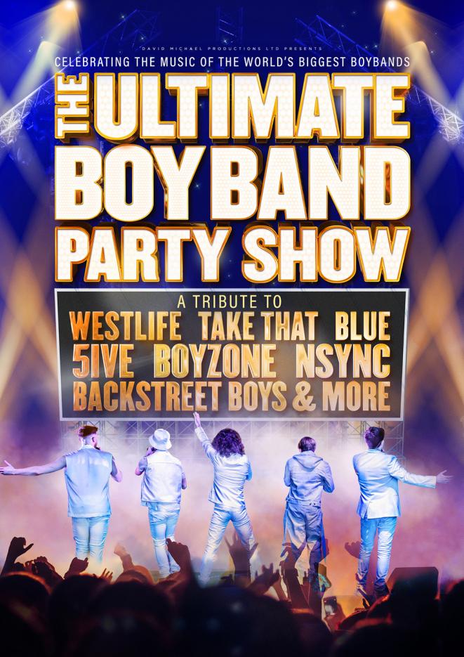 Artwork with crowds of people with their arms in the air and five male singers with their backs to the camera, all wearing white / silver outfits.