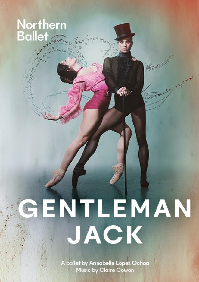 Two ballet dancers, one dressed in a pink outfit and the other in all black with a top hat. At the bottom, white text reads Gentleman Jack.