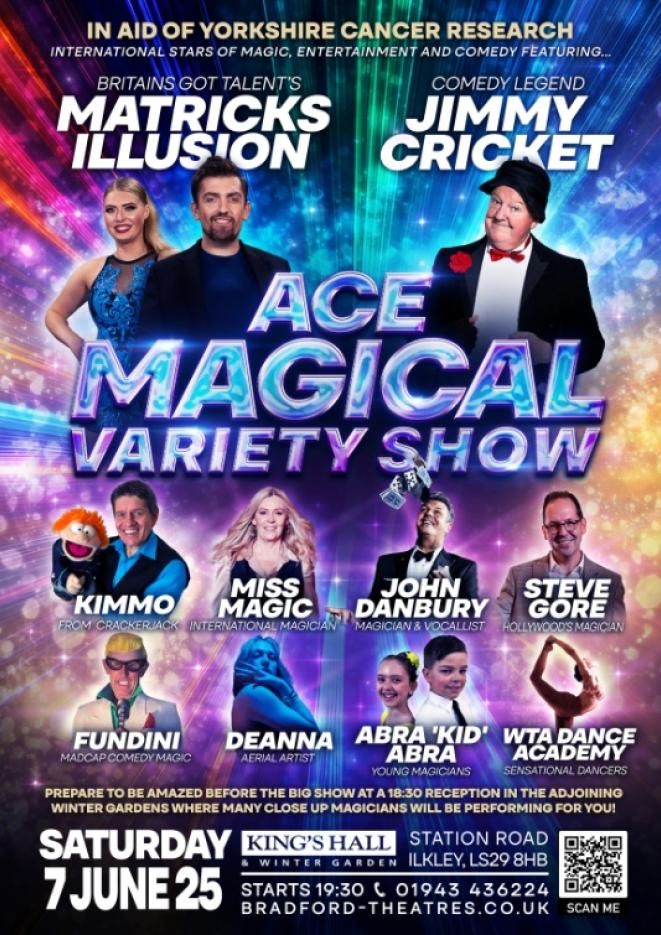 A colourful background with images of several magicians and performers with blue text that reads Ace Magical Variety Show.