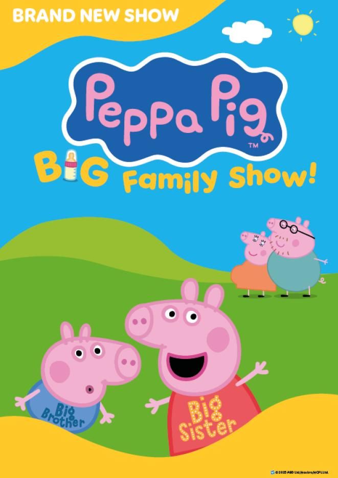 TV cartoon characters Peppa Pig, George, Mummy and Daddy Pig stood on a green hill with a bright blue sky background.