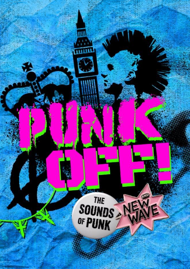Bright pink text that reads Punk Off with black graphics of a crown and Big Ben on a blue background.