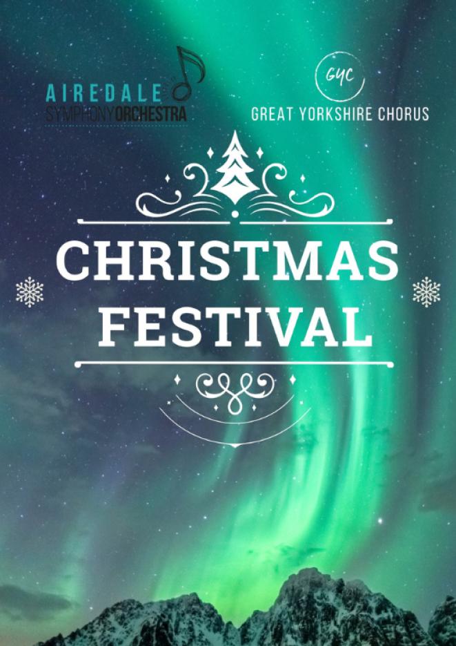 Artwork of the northern lights with white text that reads Christmas Festival.