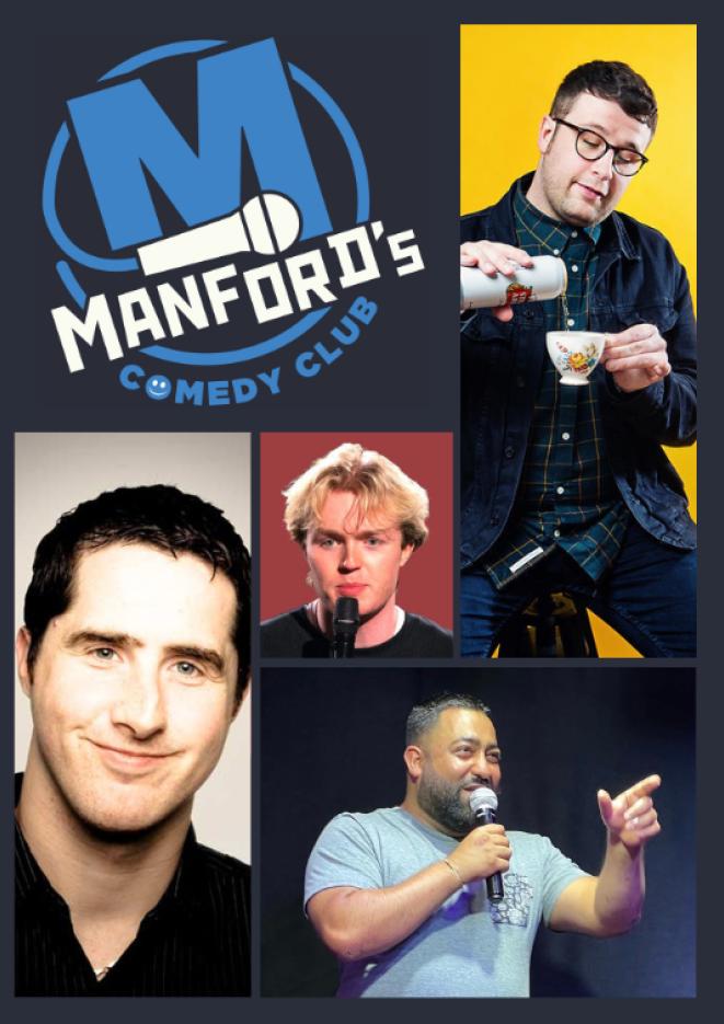 A collage of four comedians with a logo for Manford's Comedy Club in the top left corner.