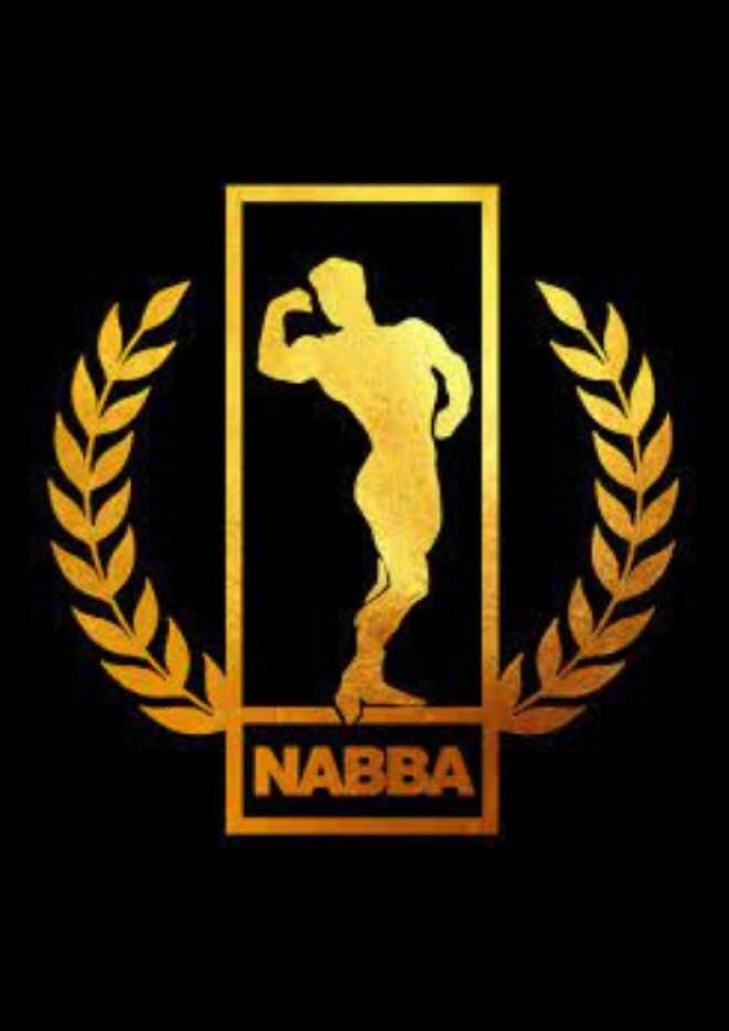 A gold graphic of a man flexing his muscles with text underneath that reads NABBA, against a plain black background
