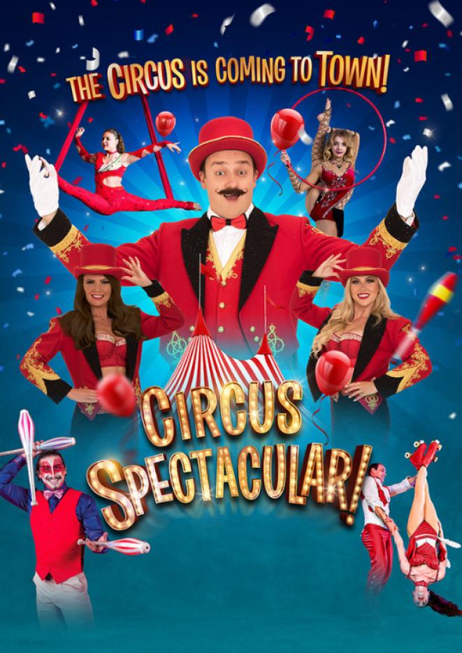 Blue artwork with a circus ringleader in the centre and lots of performers wearing red, gold text below reads Circus Spectacular.