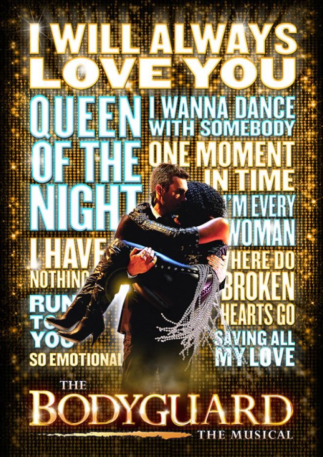 A man carrying a woman in his arms in the centre of the image with song titles in bright text behind them and text underneath that reads The Bodyguard.