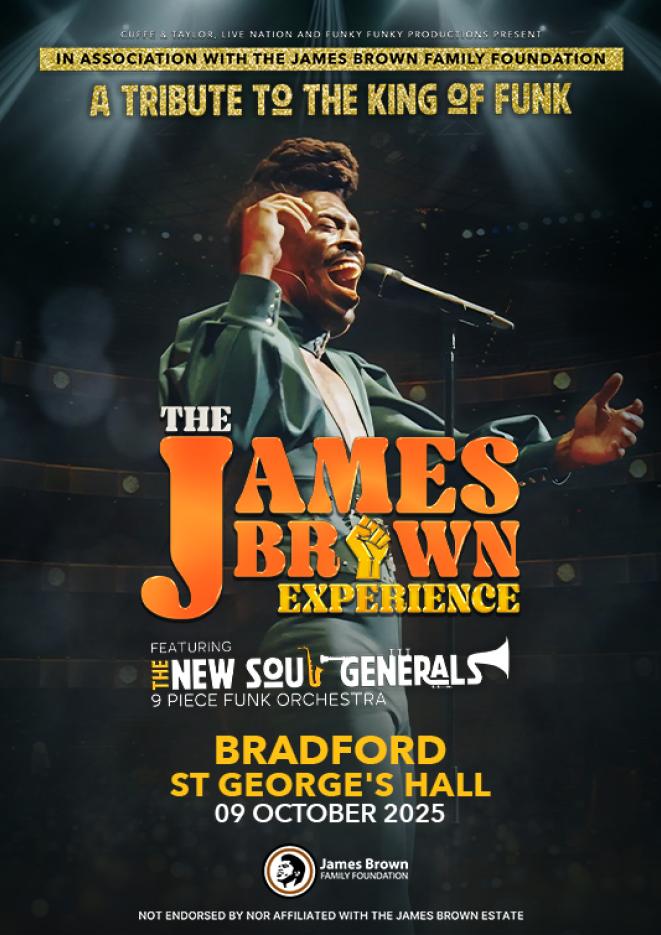 A musician performing on stage wearing all black, against a black background. Orange text reads The James Brown Experience.