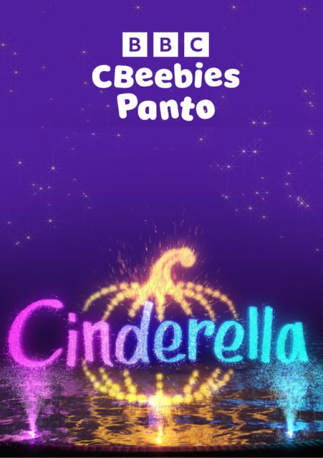 White text that reads BBC CBeebies Panto with lights in the shape of a pumpkin