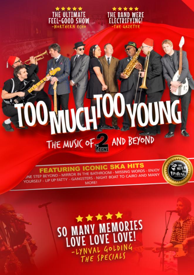 A red background with a group of musicians holding their instruments and white text that reads Too Much Too Young