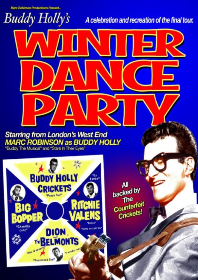 A Buddy Holly tribute artist against a blue background with red text that reads Winter Dance Party.
