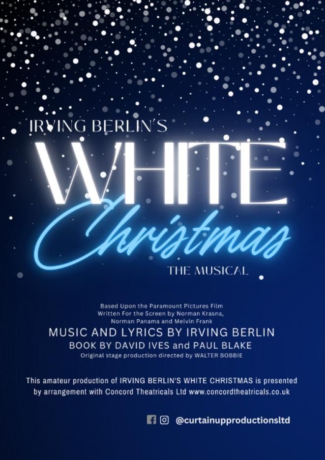 A dark blue background with graphics of snow falling with text that reads White Christmas.