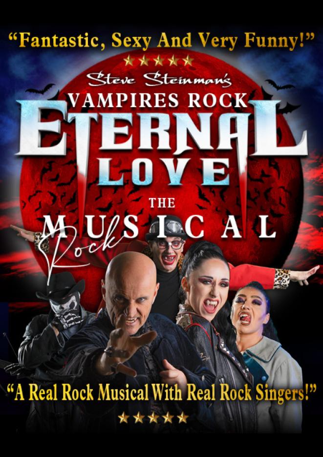 Text that reads Eternal Love against a giant red moon, with five musicians to the bottom of the image.
