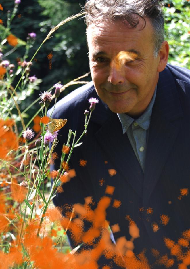 A close up image of comedian Rob Newman looking at a butterfly, with orange paint graphics in the corner of the image.