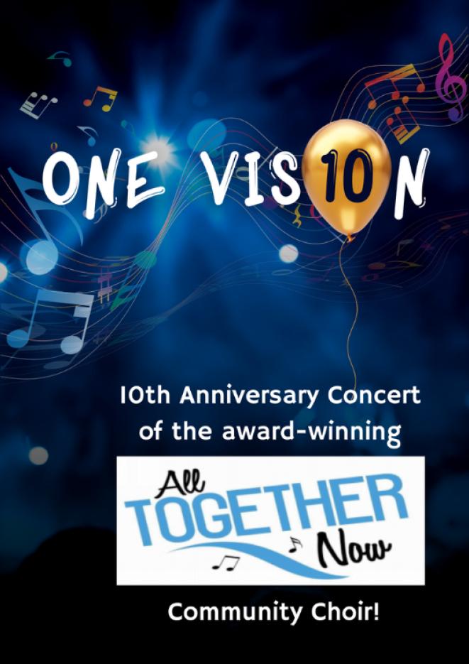Blue artwork with music notes and white text over the top that reads One Vision.