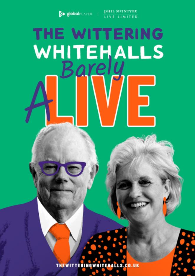 Michael and Hilary Whitehall stood against a green background with text that reads The Wittering Whitehalls above.