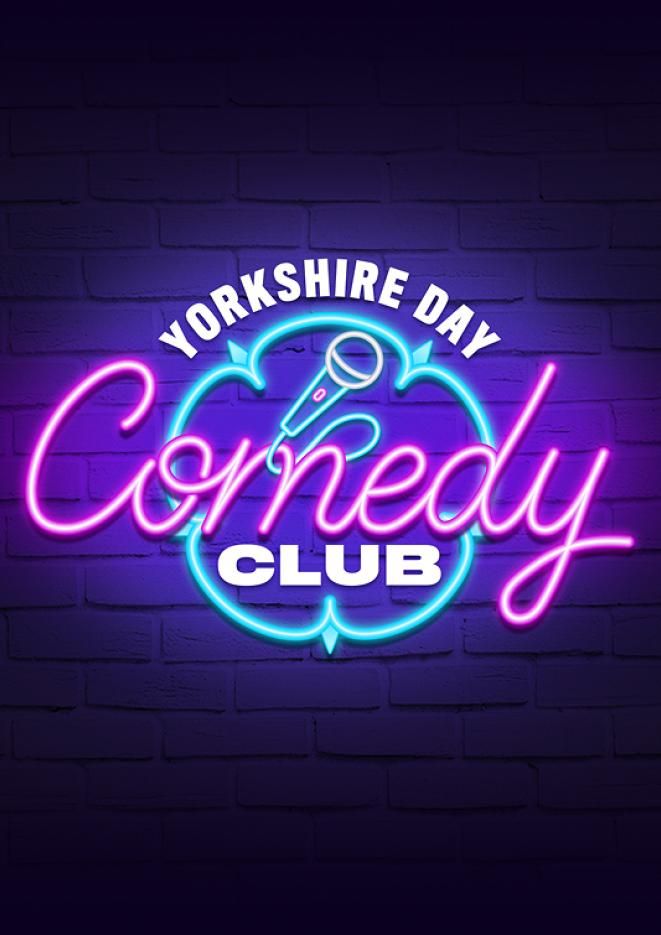 A pink and blue neon sign that reads Yorkshire Day Comedy Club against a graphic of a brick wall.