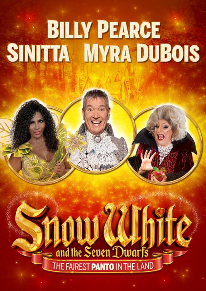 Billy Pearce, Sinitta and Myra DuBois on a red and yellow background.