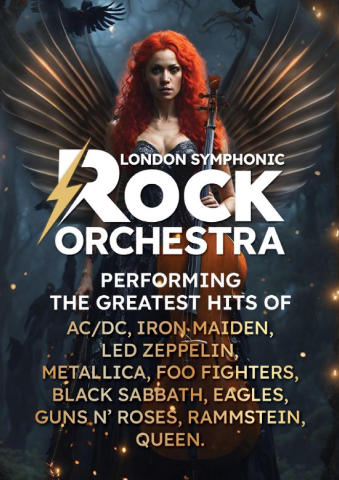 A graphic of a woman holding a violin with black and gold wings behind her, white text reads Rock Orchestra and lists many famous rock groups.