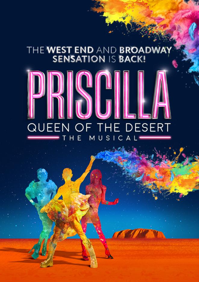Colourful graphics of three people stood on an orange desert landscape with pink text above that reads Priscilla.