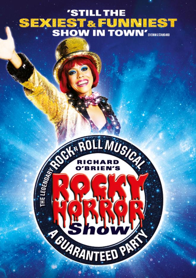 A blue sparkly background with a woman wearing a gold jacket and top hat, and red text in the centre that reads Rocky Horror Show.