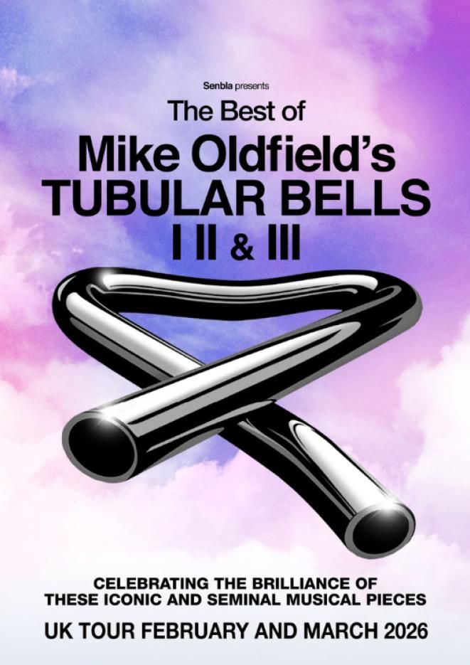 a purple and pink cloudy background with black text that reads Mike Oldfield's Tubular Bells.