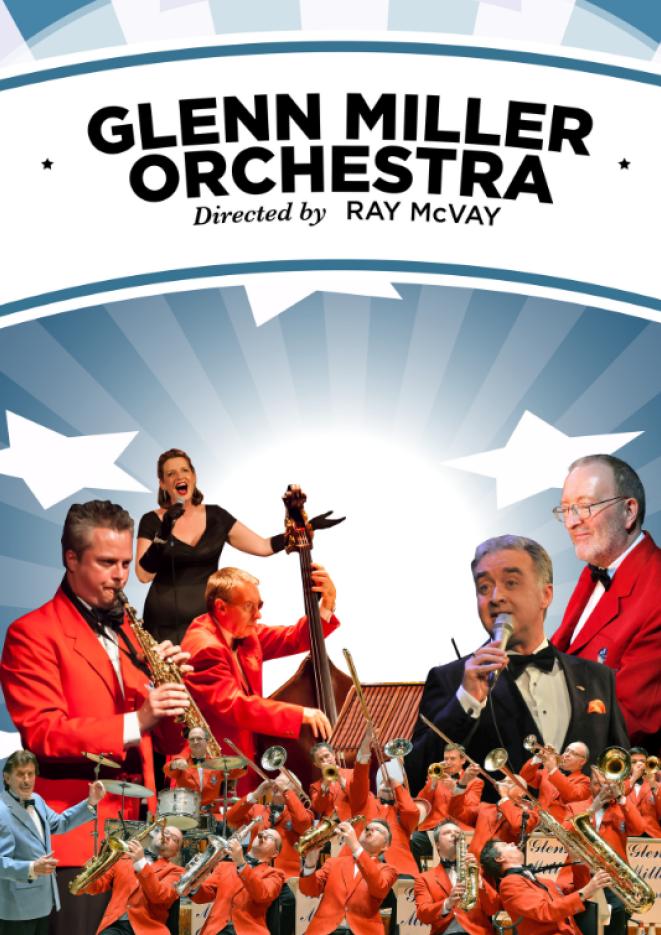 A blue background with stars and an orchestra in the foreground wearing orange jackets.