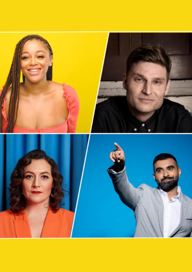 A yellow background with a college of four young comedians.