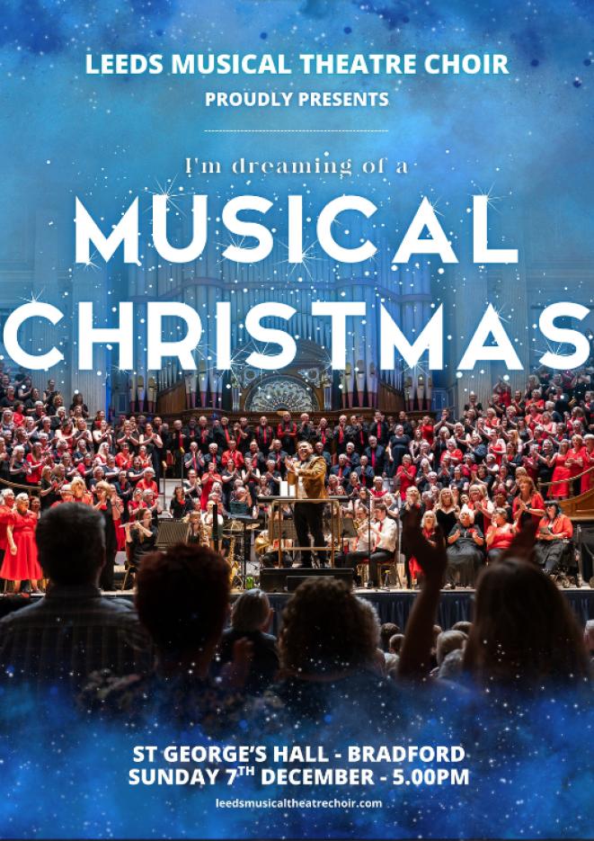 A choir against a blue cloudy background with text that reads Musical Christmas.