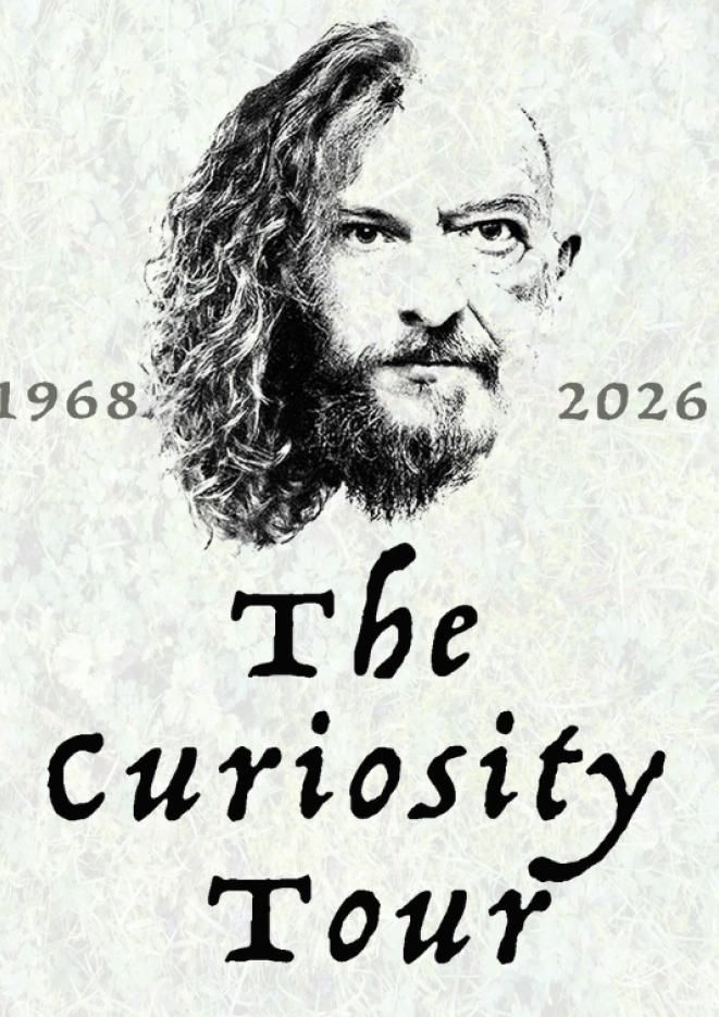 A black and white drawing of Jethro Tull on a graphic of crumpled paper with text below that reads The Curiosity Tour.