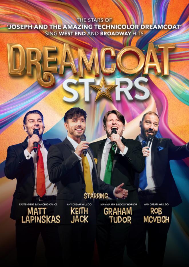 Four singers wearing black suits with different coloured ties sing into microphones against an orange background with text that reads Dreamcoat Stars.